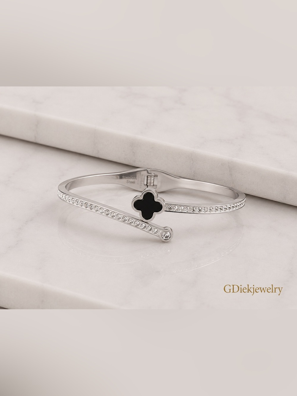 Stainless Steel Black Clover Crystal Bangle Bracelet